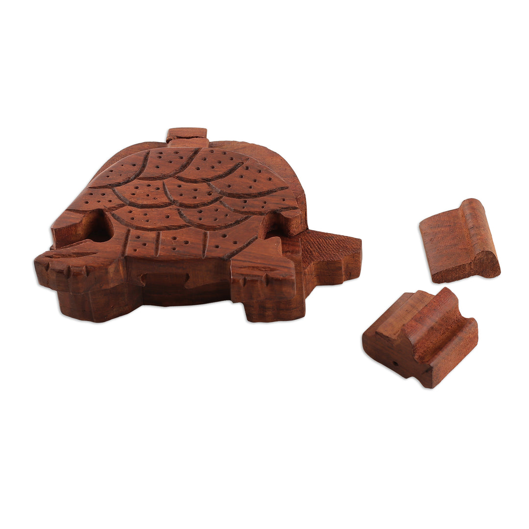 Hand-Carved Turtle-Shaped Mango Wood Puzzle Box from India - Turtle Mystery