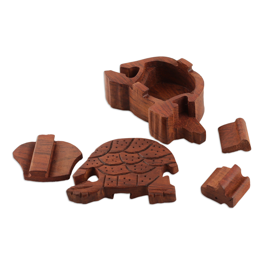 Hand-Carved Turtle-Shaped Mango Wood Puzzle Box from India - Turtle Mystery