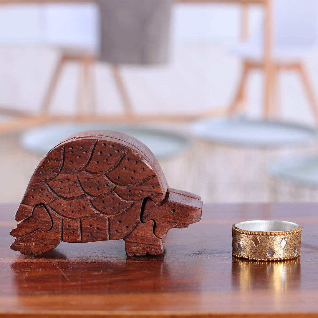 Hand-Carved Turtle-Shaped Mango Wood Puzzle Box from India - Turtle Mystery