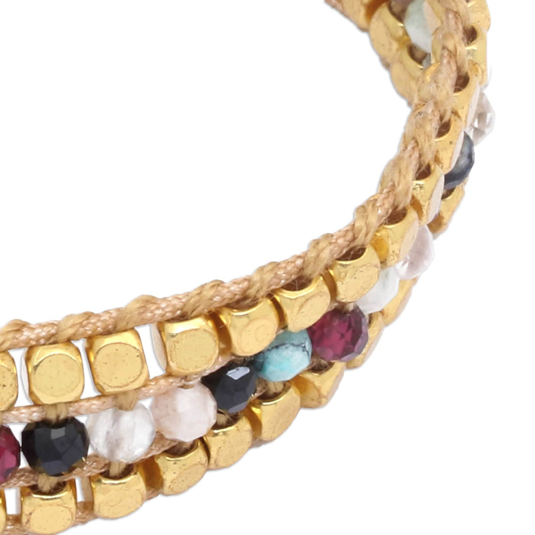 Gold-Accented Adjustable Fluorite Beaded Wristband Bracelet - Boho Beauty