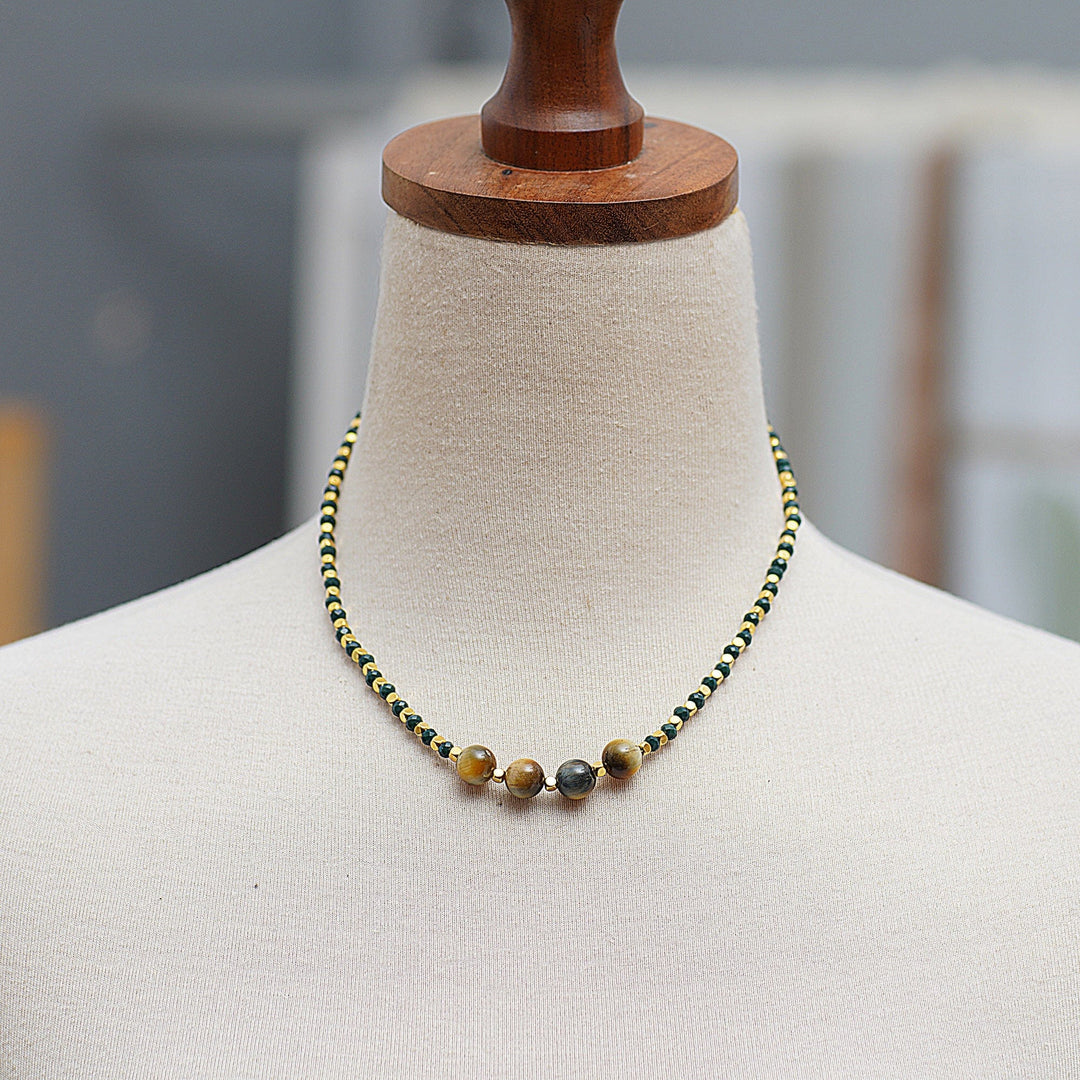 18k Gold-Plated Green Agate and Tiger's Eye Beaded Necklace - Queen's Green