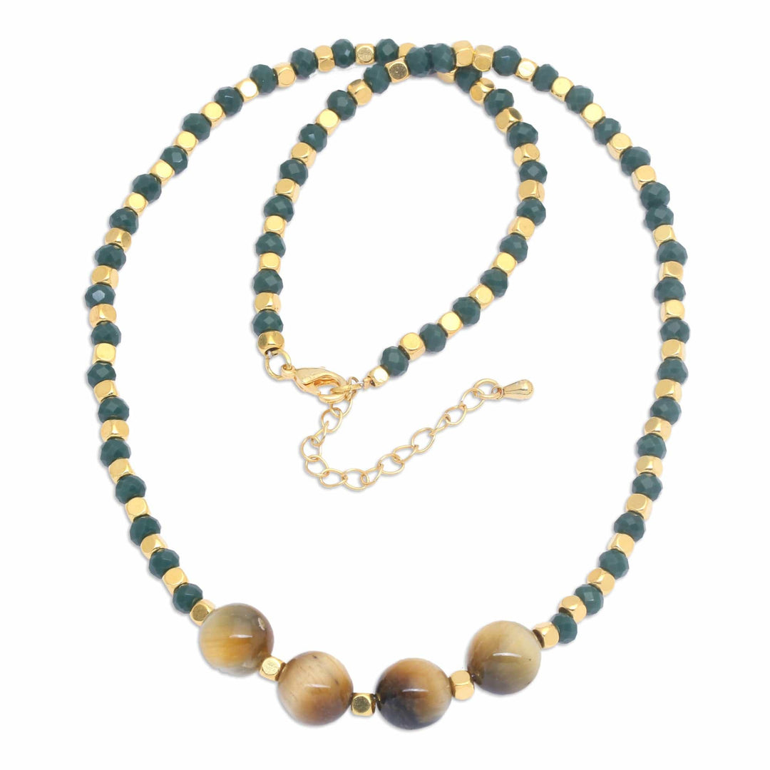 18k Gold-Plated Green Agate and Tiger's Eye Beaded Necklace - Queen's Green