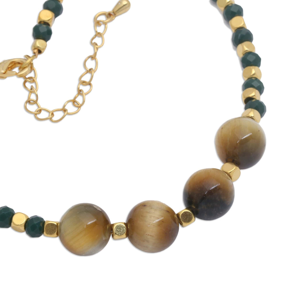 18k Gold-Plated Green Agate and Tiger's Eye Beaded Necklace - Queen's Green