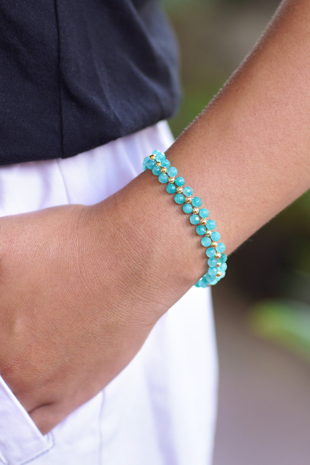 Gold-Accented Adjustable Amazonite Beaded Wristband Bracelet - Sea Splendor