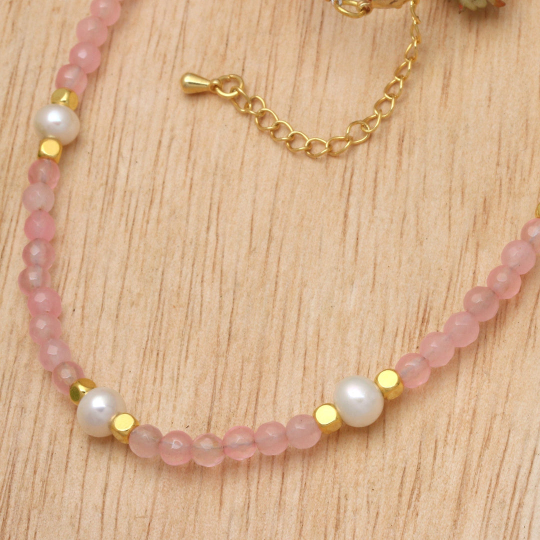 18k Gold-Accented Rose Quartz and Pearl Beaded Necklace - Pink Cocktail