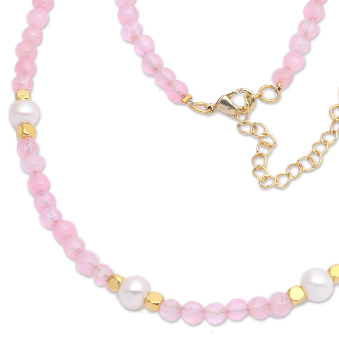 18k Gold-Accented Rose Quartz and Pearl Beaded Necklace - Pink Cocktail