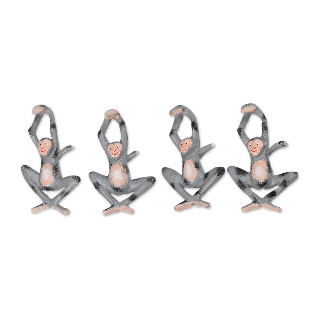 Set of 4 Hand-Painted Albesia Wood Monkey Ornaments - Playful Jungle
