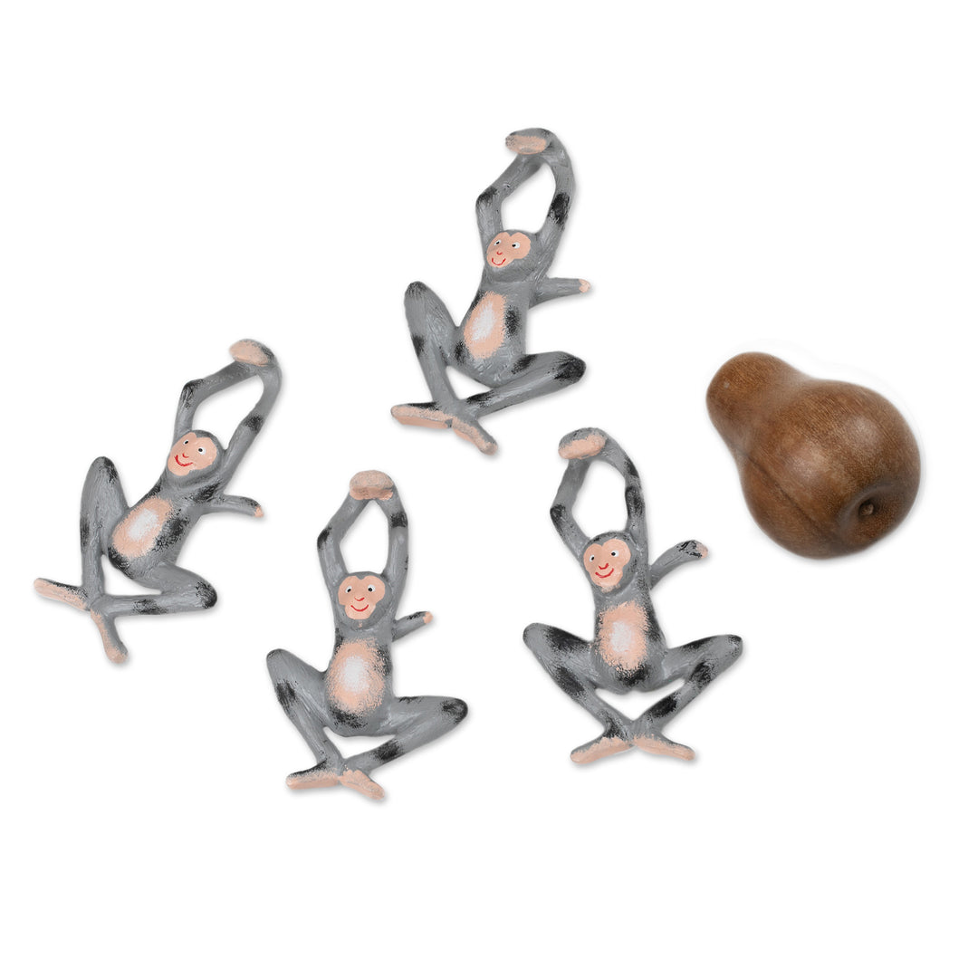 Set of 4 Hand-Painted Albesia Wood Monkey Ornaments - Playful Jungle