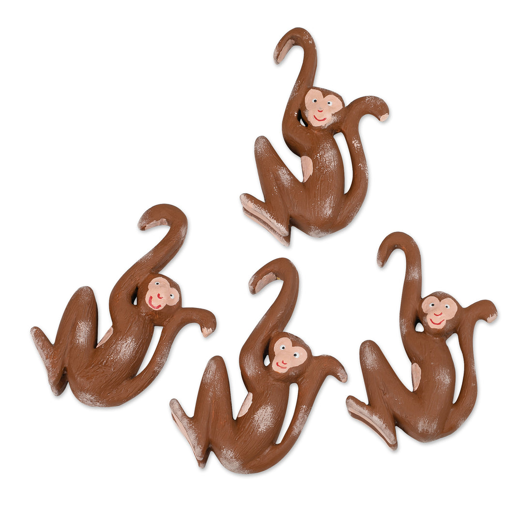 Set of 4 Hand-Carved Albesia Wood Monkey Ornaments from Bali - Joyful Jungle