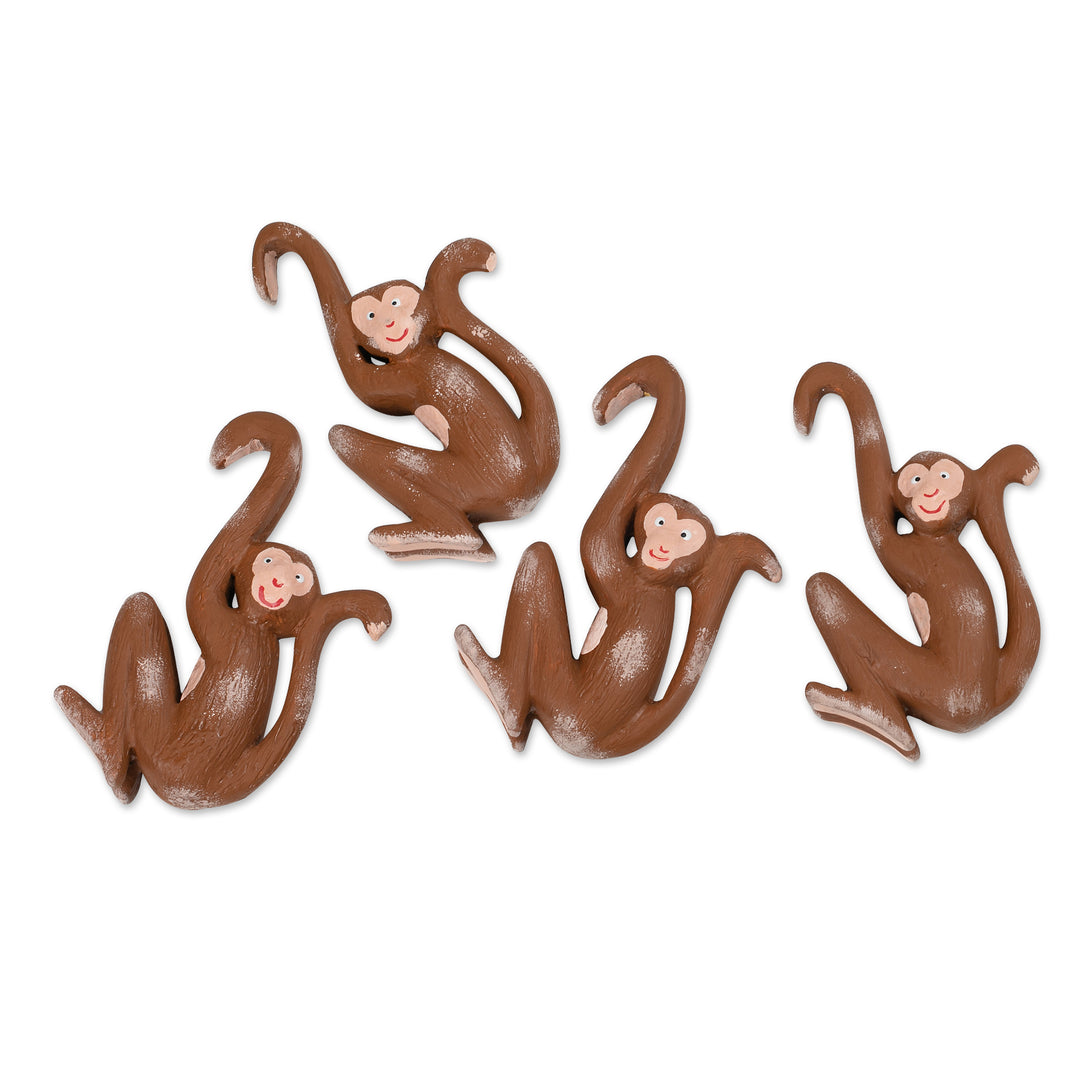 Set of 4 Hand-Carved Albesia Wood Monkey Ornaments from Bali - Joyful Jungle
