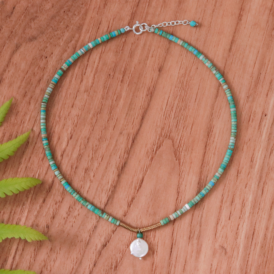 Recon Turquoise and Hematite Necklace with Pearl Pendant - Lagoon Moon