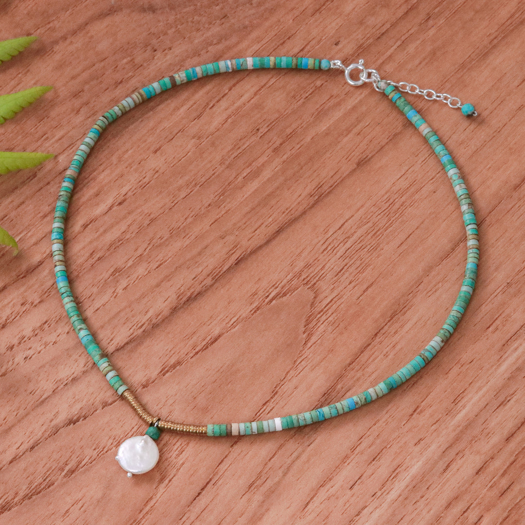 Recon Turquoise and Hematite Necklace with Pearl Pendant - Lagoon Moon