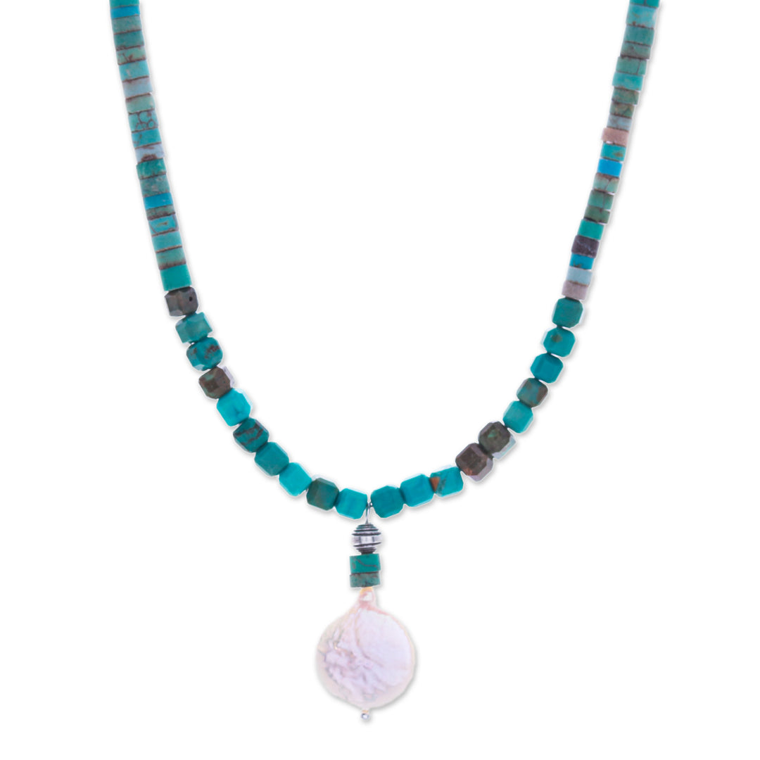 Reconstituted Turquoise Beaded Necklace with Pearl Pendant - Aquatic Moon