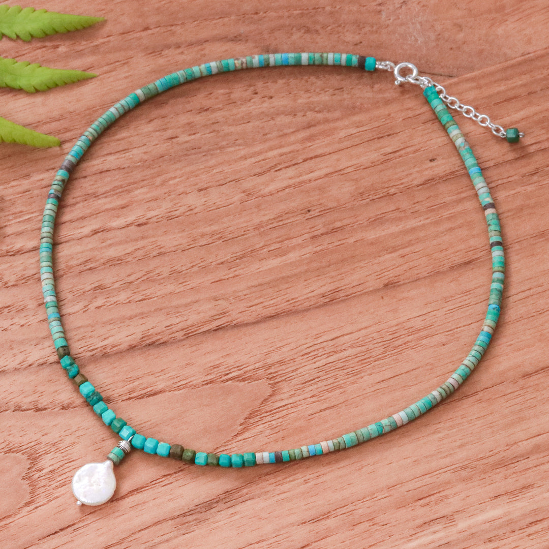 Reconstituted Turquoise Beaded Necklace with Pearl Pendant - Aquatic Moon