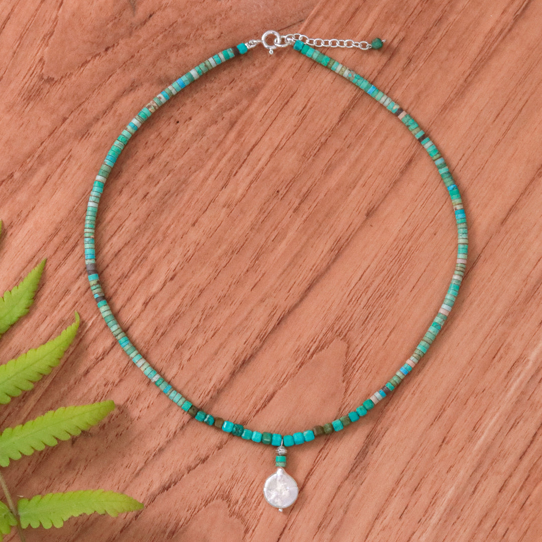 Reconstituted Turquoise Beaded Necklace with Pearl Pendant - Aquatic Moon