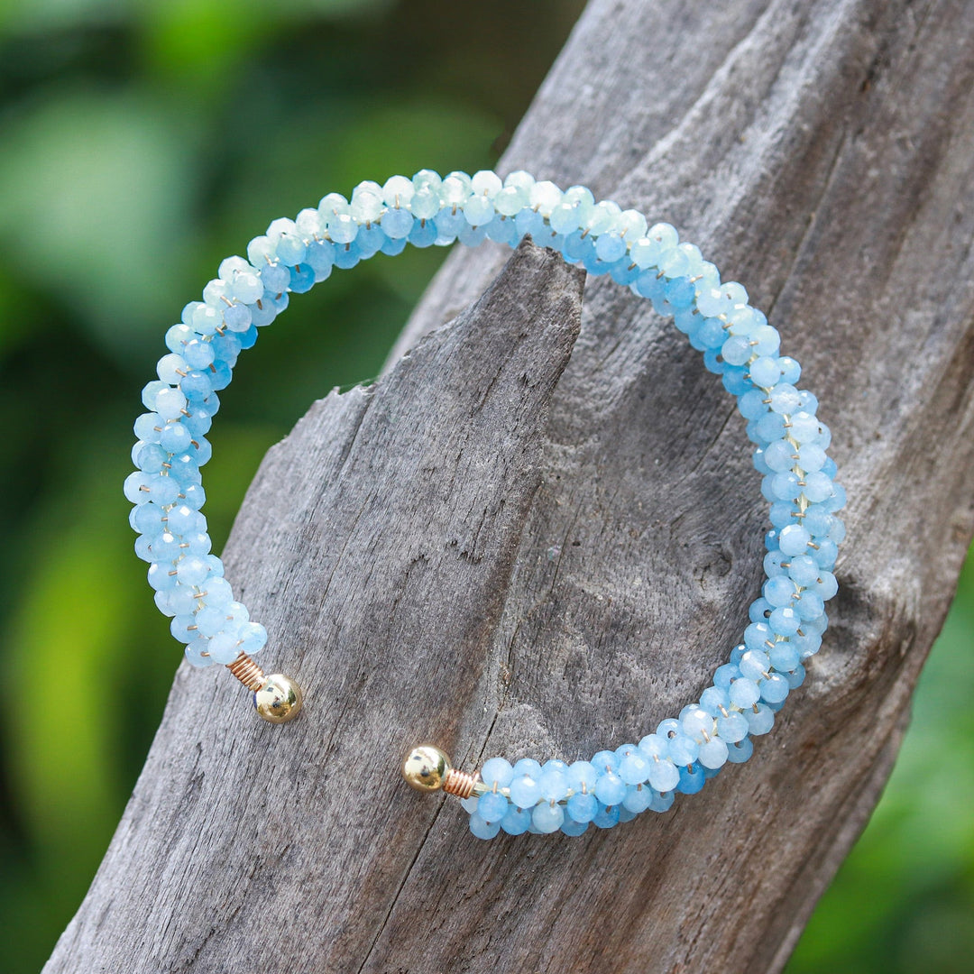 Blue Quartz Brass and Copper Wire Beaded Cuff Bracelet - Elysian Beauty