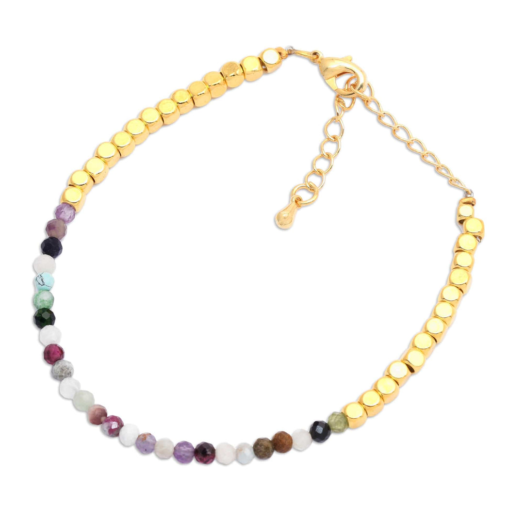 18k Gold-Plated Brass and Fluorite Beaded Bracelet from Bali - Paradise Rainbow