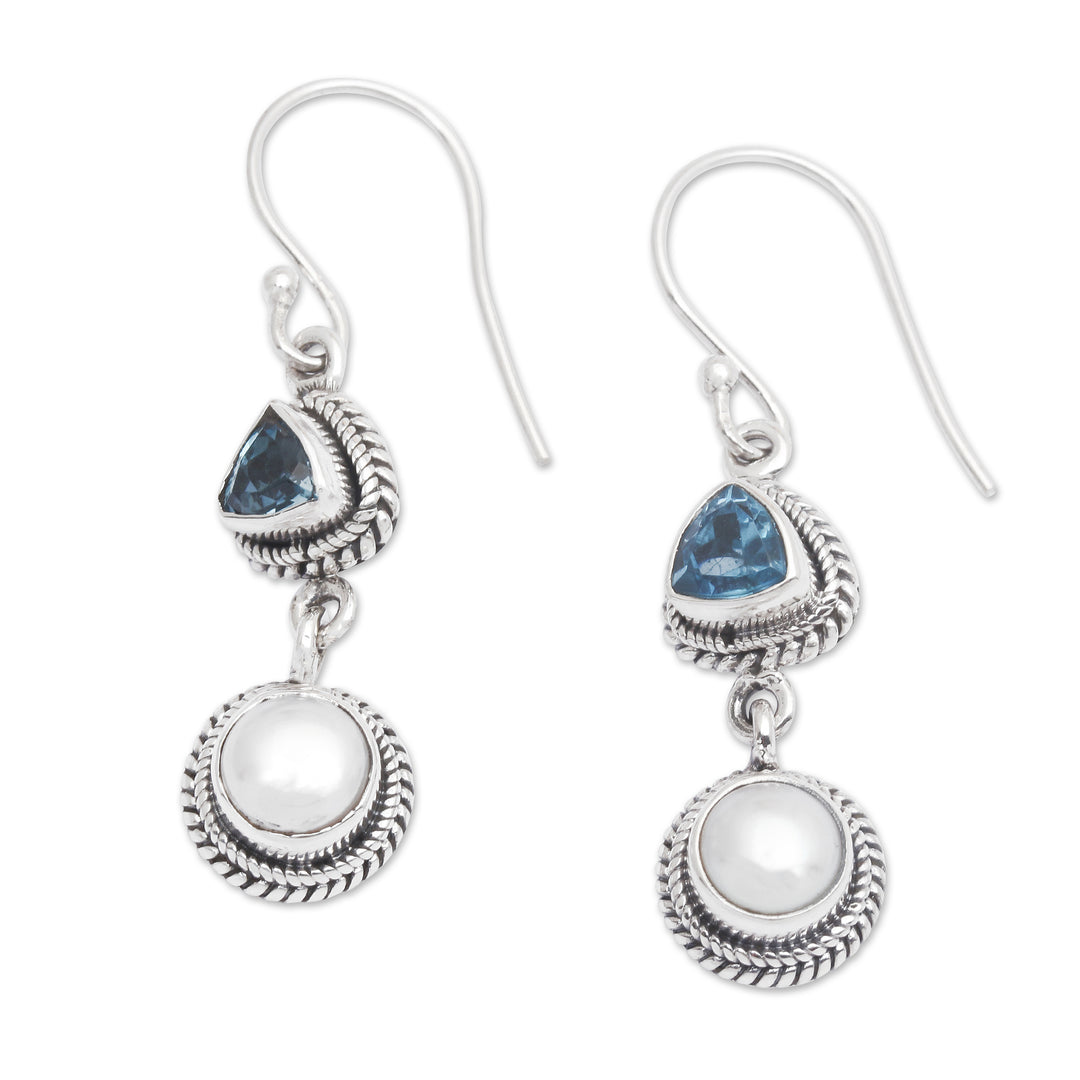 One-Carat Topaz and White Pearl Dangle Earrings from Bali - Ocean Waters