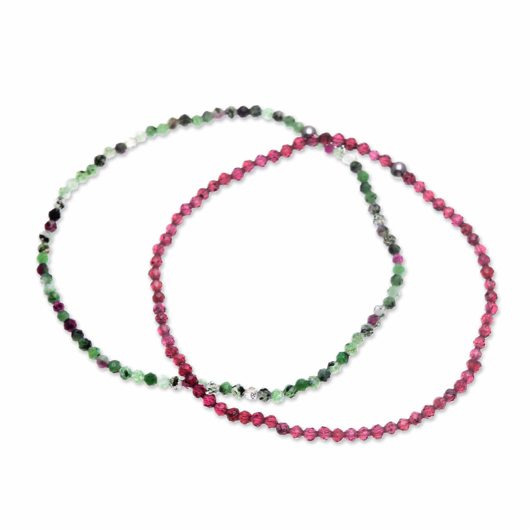 2 Beaded Stretch Bracelets with Garnet and Zoisite Stones - Double Splendor