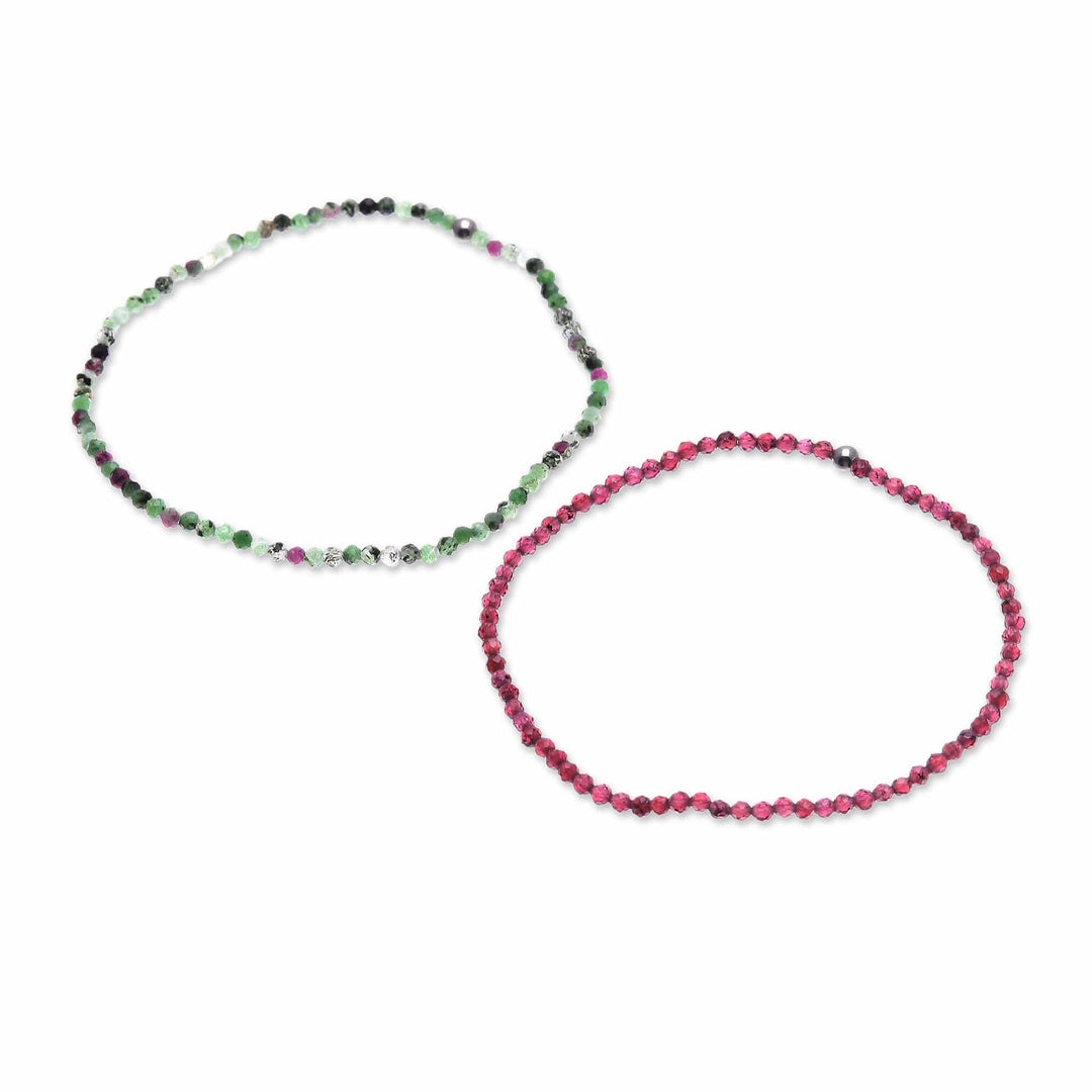 2 Beaded Stretch Bracelets with Garnet and Zoisite Stones - Double Splendor