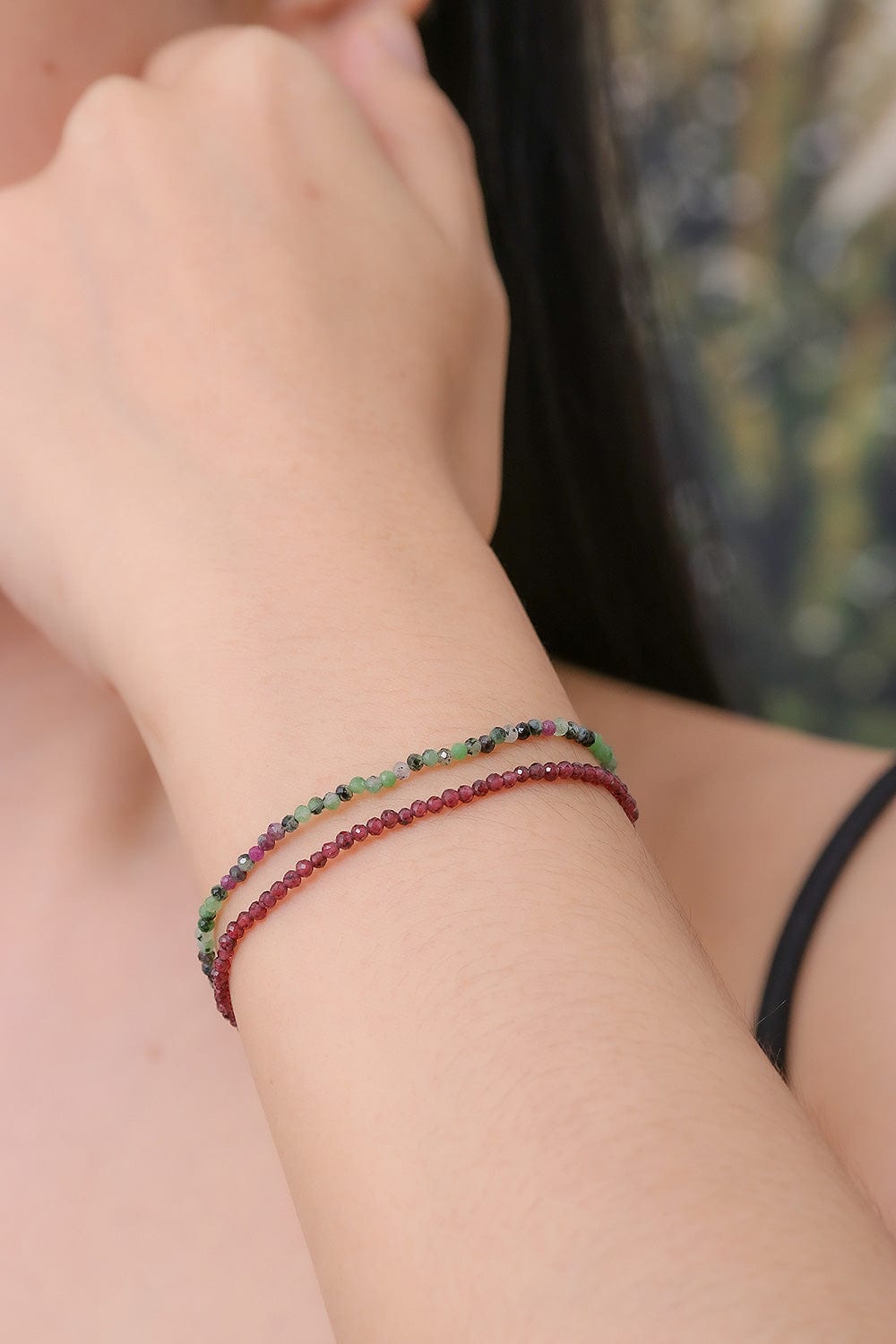 2 Beaded Stretch Bracelets with Garnet and Zoisite Stones - Double Splendor