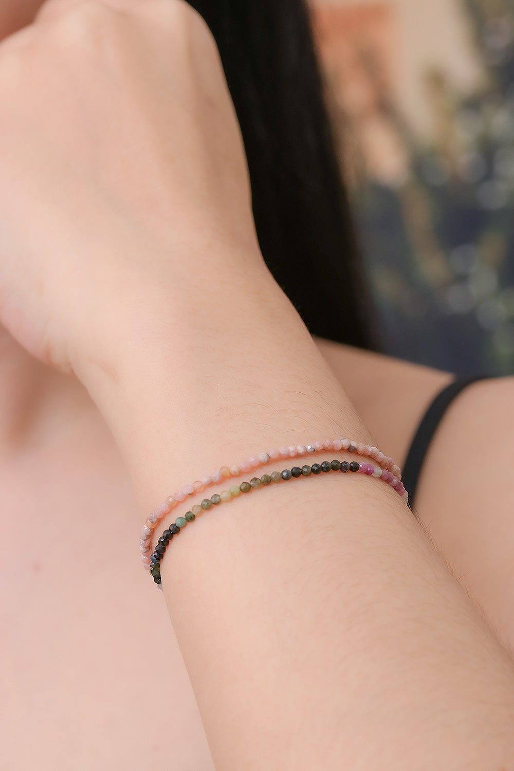 Pair of Rhodochrosite Tourmaline Beaded Stretch Bracelets - Double Spell