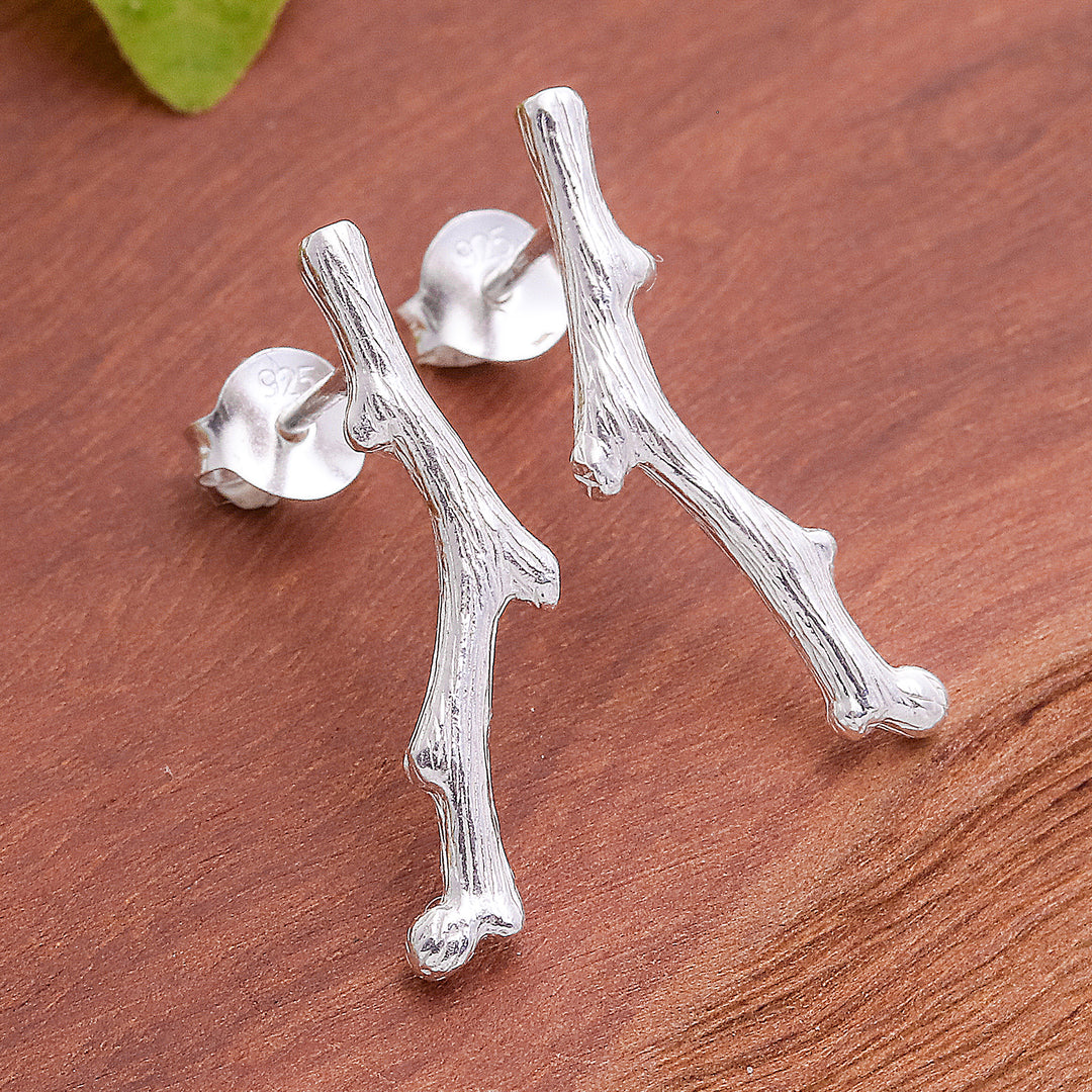 Nature-Themed Brushed-Satin Sterling Silver Drop Earrings - The Timber