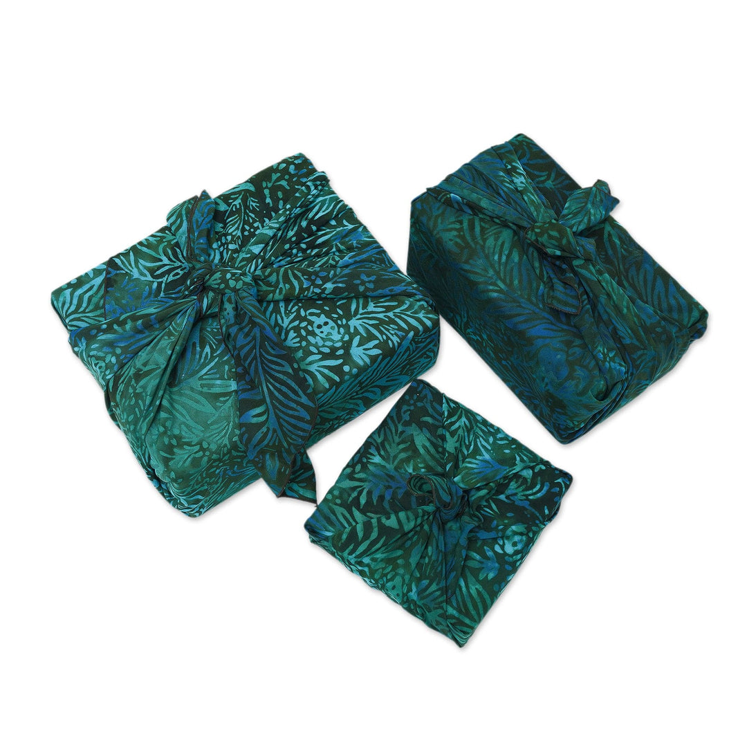 3 Upcycled Green and Blue Batik Furoshiki-Style Gift Wraps - Green Leaf