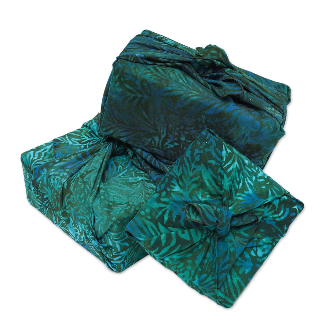 3 Upcycled Green and Blue Batik Furoshiki-Style Gift Wraps - Green Leaf