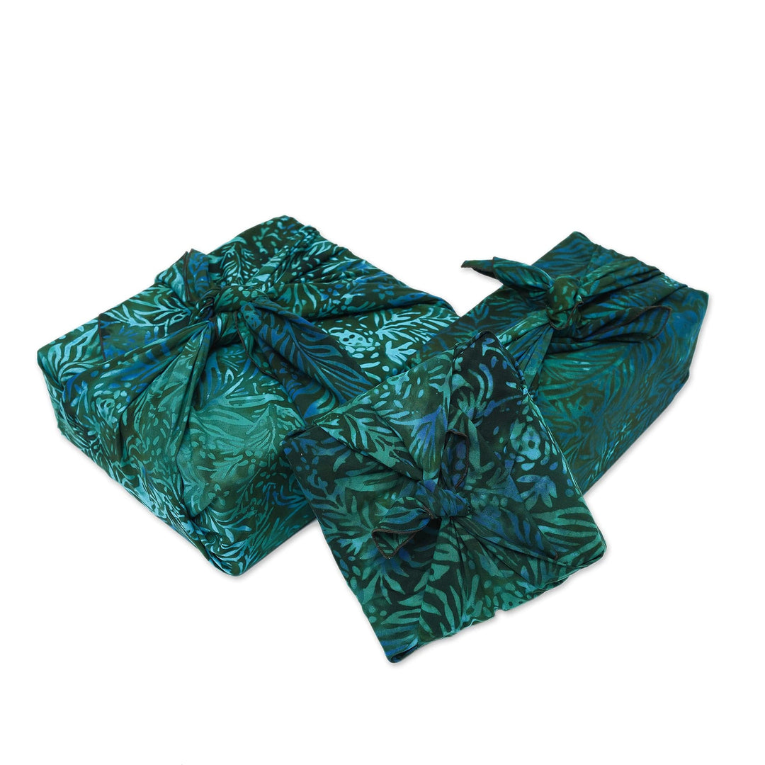 3 Upcycled Green and Blue Batik Furoshiki-Style Gift Wraps - Green Leaf