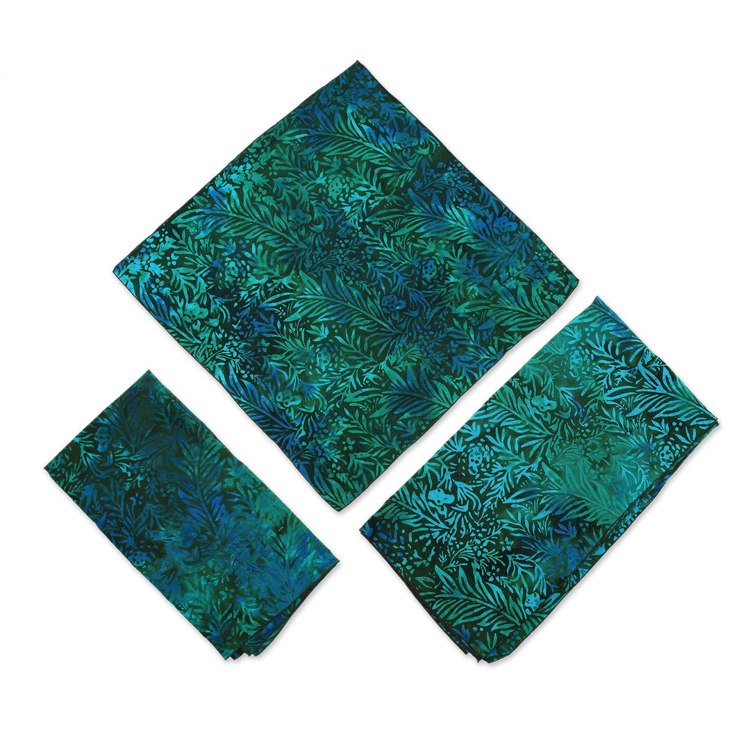 3 Upcycled Green and Blue Batik Furoshiki-Style Gift Wraps - Green Leaf