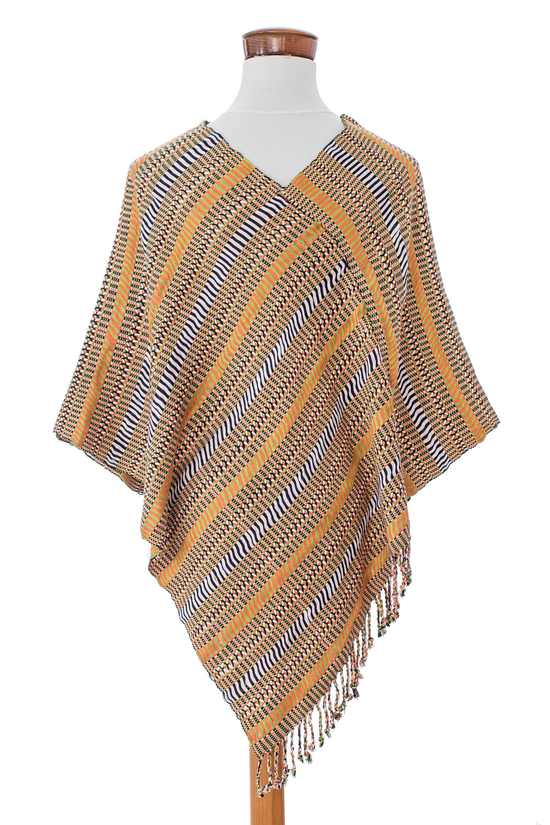 Handloomed Striped Fringed Cotton Poncho Woven in Guatemala - Path to Joy