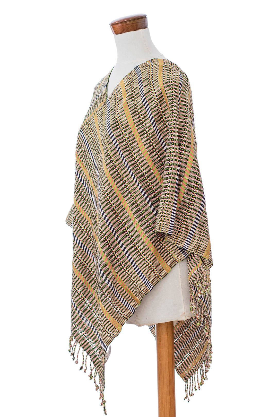 Guatemalan Artisan-Made Handwoven Cotton Poncho with Fringes - Path to Bliss