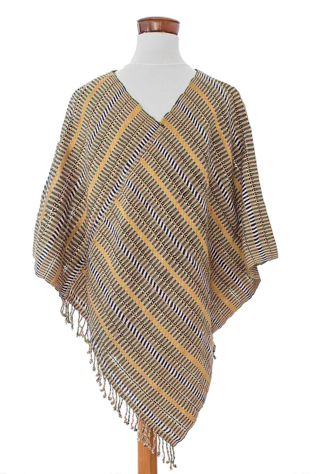 Guatemalan Artisan-Made Handwoven Cotton Poncho with Fringes - Path to Bliss