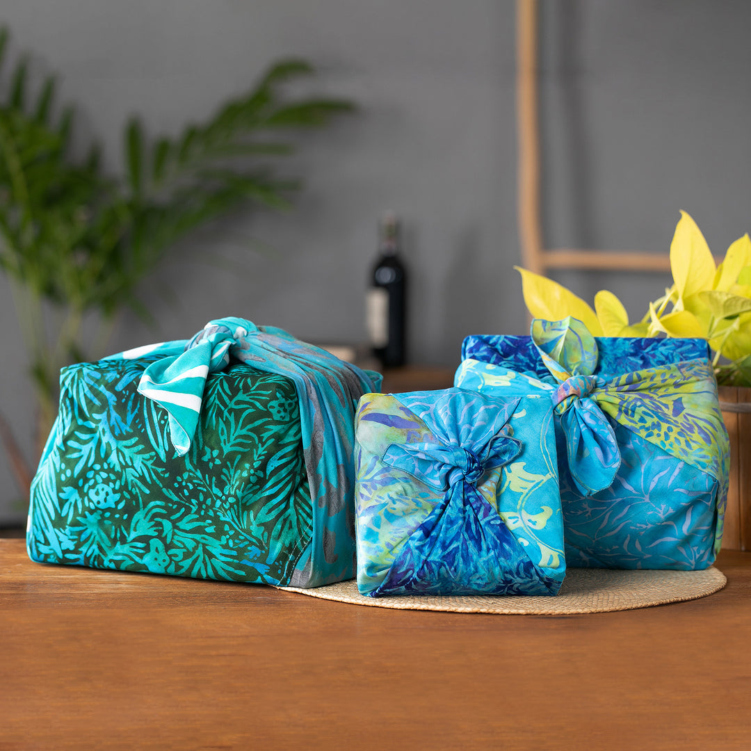 Set of 3 Blue and Green Batik Furoshiki-Style Gift Wraps - Oceanic Earth