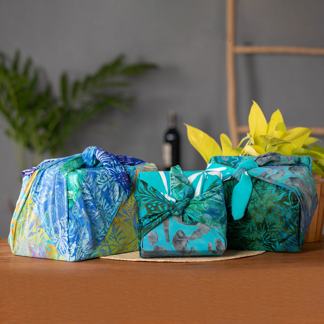 Set of 3 Blue and Green Batik Furoshiki-Style Gift Wraps - Oceanic Earth