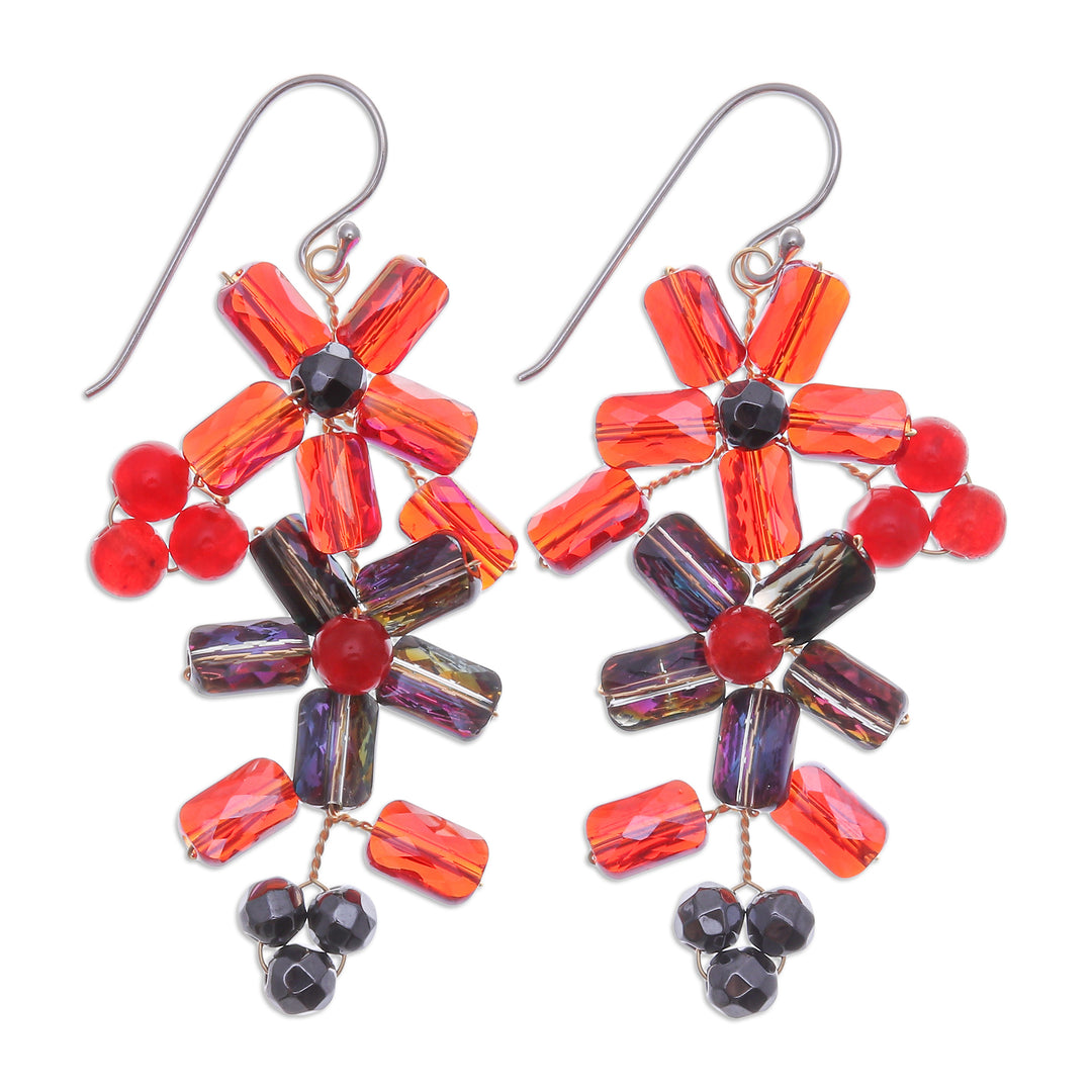 Thai-Made Floral Red Quartz and Glass Beaded Dangle Earrings - Fire Spring