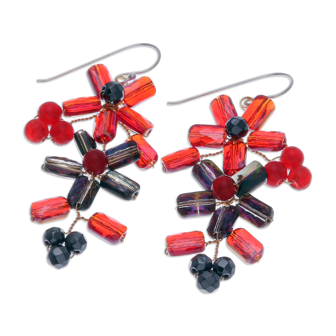 Thai-Made Floral Red Quartz and Glass Beaded Dangle Earrings - Fire Spring