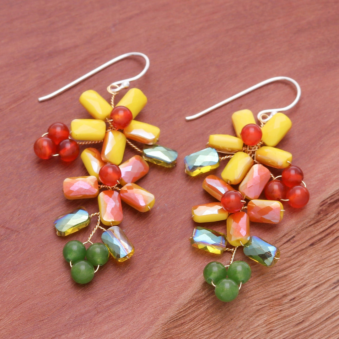 Floral Quartz and Glass Beaded Dangle Earrings from Thailand - Solar Spring