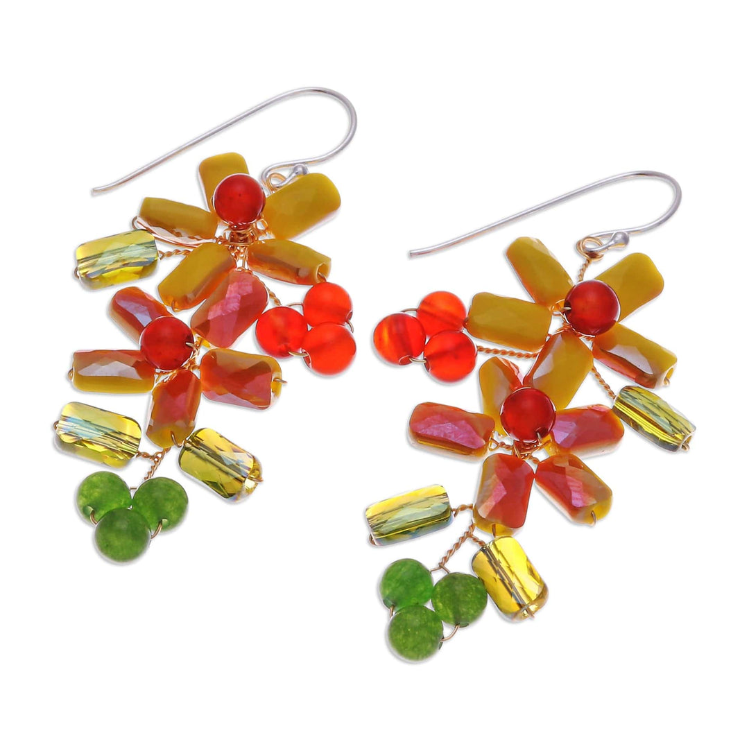 Floral Quartz and Glass Beaded Dangle Earrings from Thailand - Solar Spring