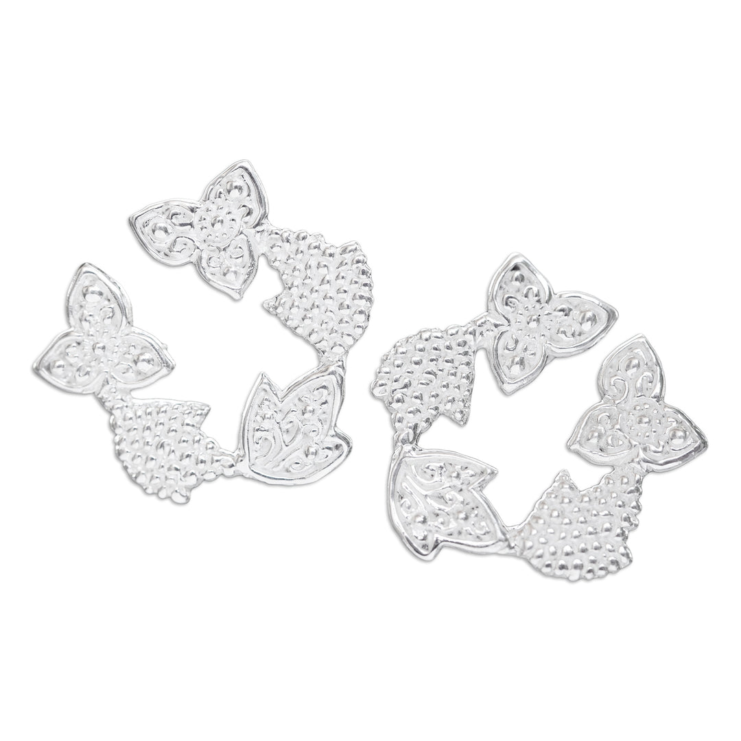 Polished Floral and Leafy Sterling Silver Button Earrings - Heaven Petals