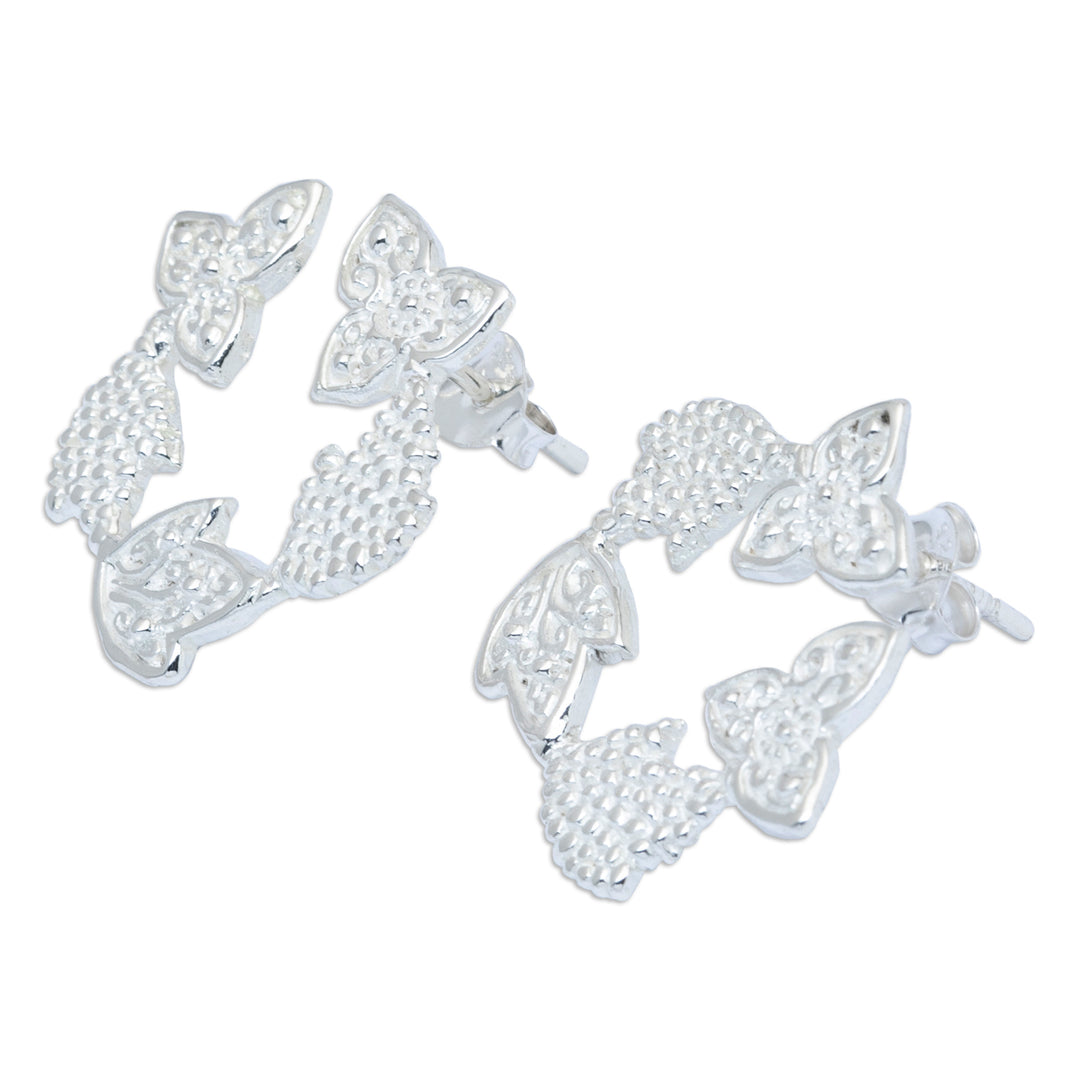 Polished Floral and Leafy Sterling Silver Button Earrings - Heaven Petals