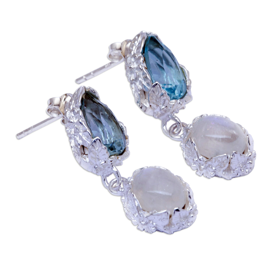 One-Carat Blue Topaz and Rainbow Moonstone Dangle Earrings - Celestial Dream