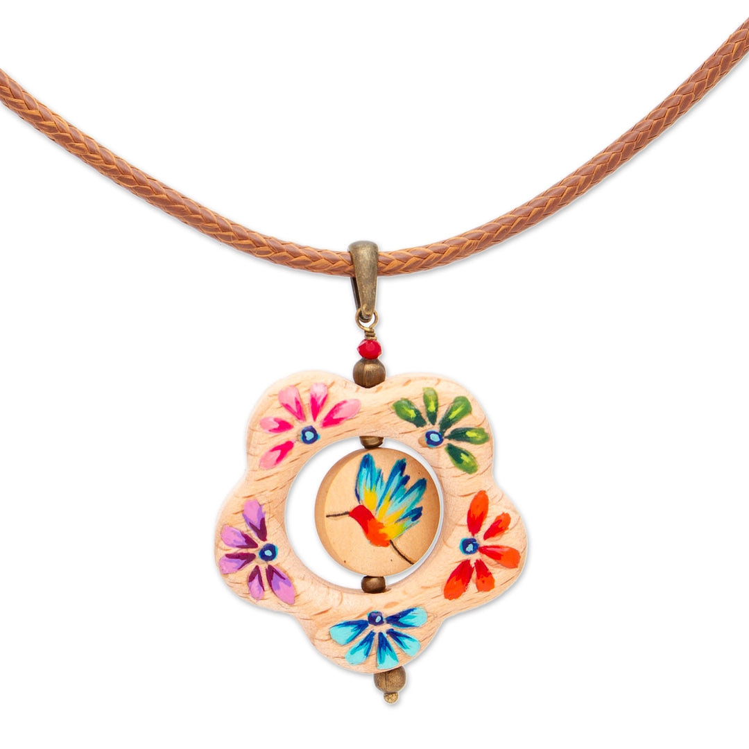Hummingbird Floral Hand-Painted Wood Pendant Necklace - Hummingbird Bloom