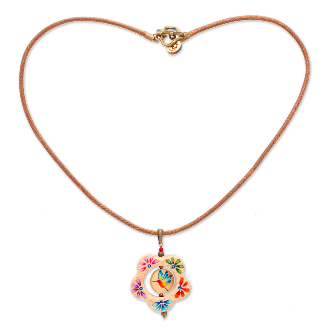 Hummingbird Floral Hand-Painted Wood Pendant Necklace - Hummingbird Bloom