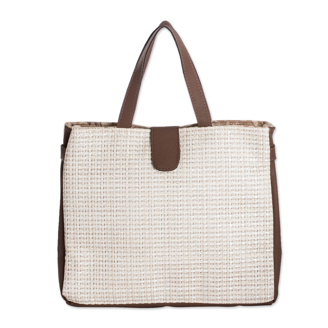 Faux Leather-Accented Handbag in Mahogany and Ecru Hues - Ecru Promenade