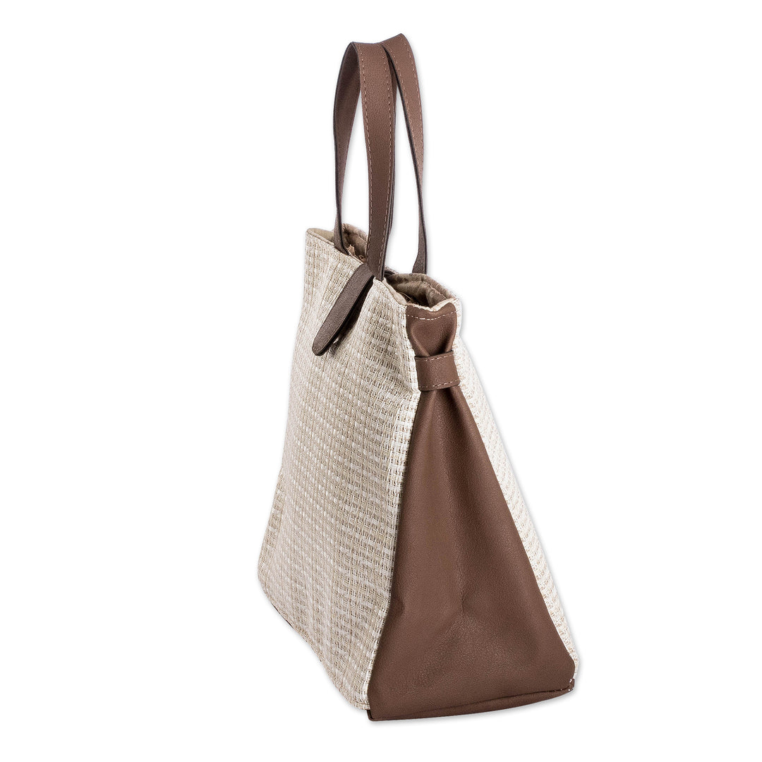 Faux Leather-Accented Handbag in Mahogany and Ecru Hues - Ecru Promenade