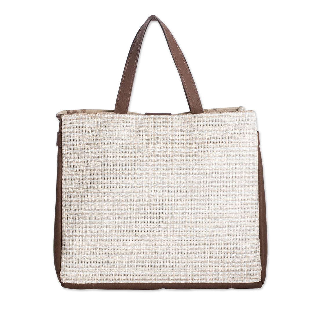 Faux Leather-Accented Handbag in Mahogany and Ecru Hues - Ecru Promenade