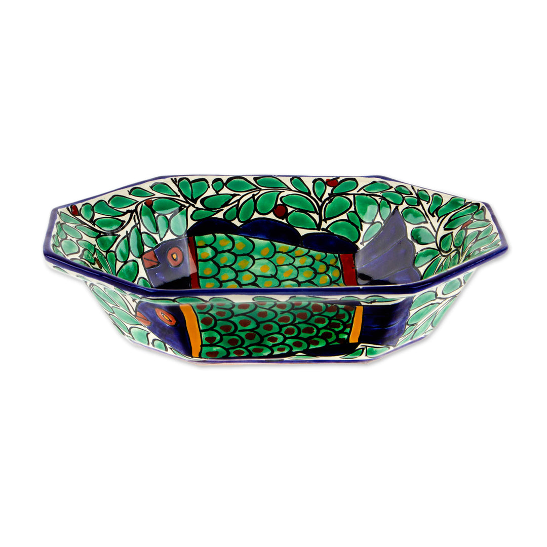 Talavera Style Hand-Painted Fish-Themed Ceramic Serving Bowl - Fish Fiesta