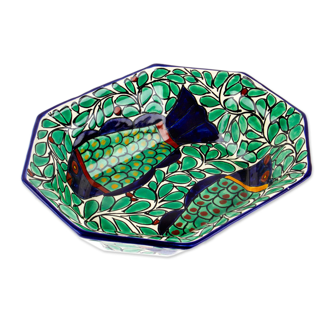 Talavera Style Hand-Painted Fish-Themed Ceramic Serving Bowl - Fish Fiesta
